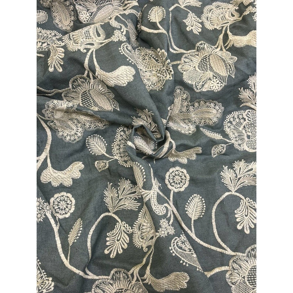 1.5 Yds Antique Blue Heavy Cotton With Embroidered Beautiful